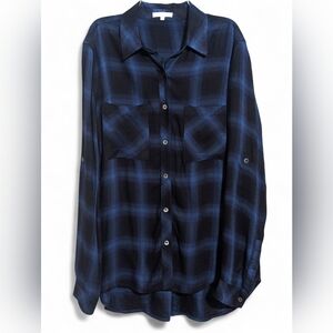 LAJU Blue & Black Plaid Rayon Tunic Button-Down Shirt, Size M Women's
